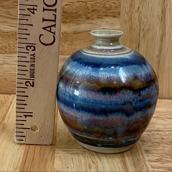 Vintage Blue/Brown Stripe Wave Glazed Ceramic Pottery 3.5” Mini Bud Vase - Picture 5 of 10
